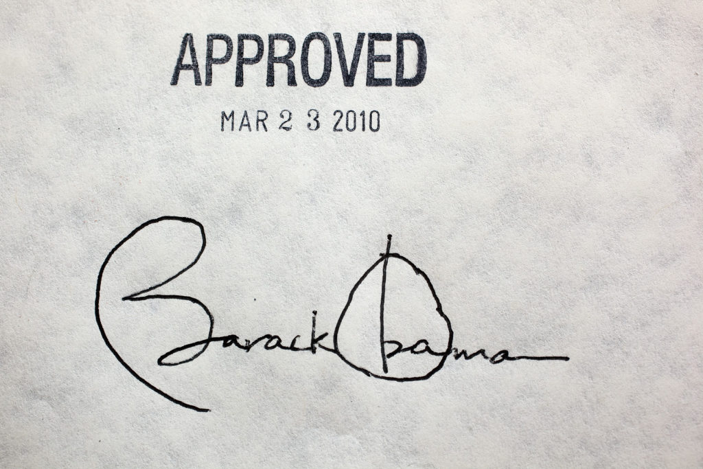 Obama's signature on the Affordable Care Act