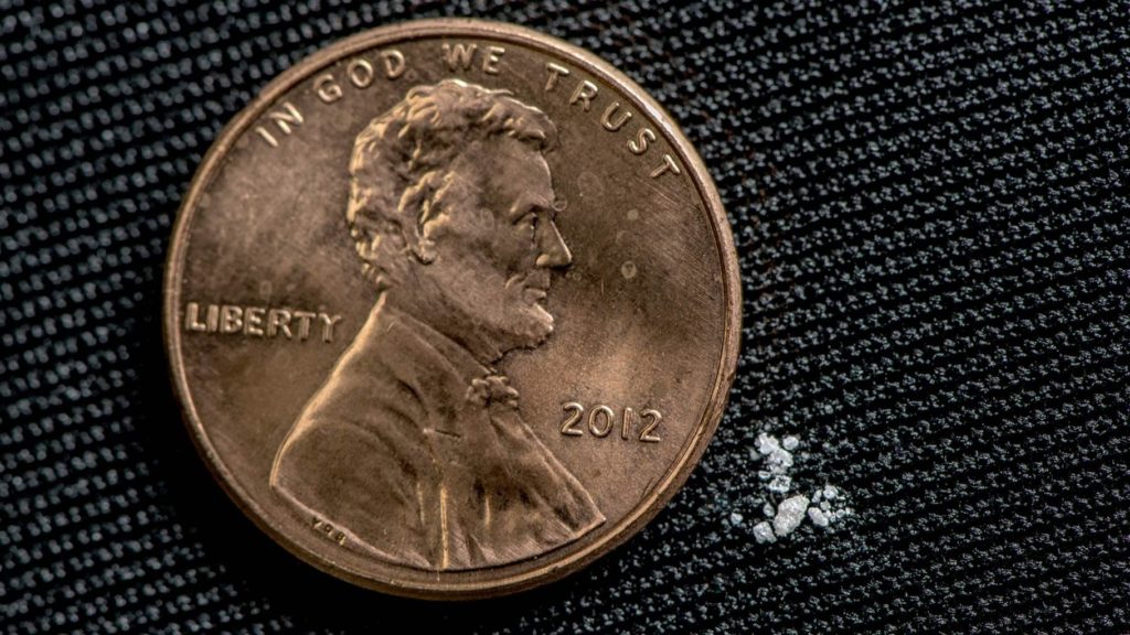 Picture of a U.S. penny next to milligrams of fentanyl, which is a fatal dose for most drug users. DEA