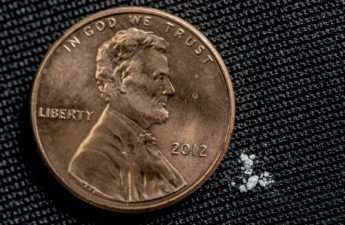 Picture of a U.S. penny next to milligrams of fentanyl, which is a fatal dose for most drug users. DEA