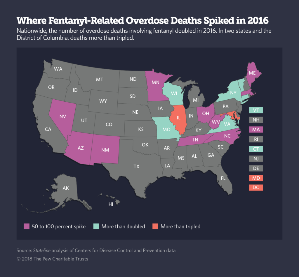 Map of the U.S. showing were overdose deaths due to Fentanyl have increased