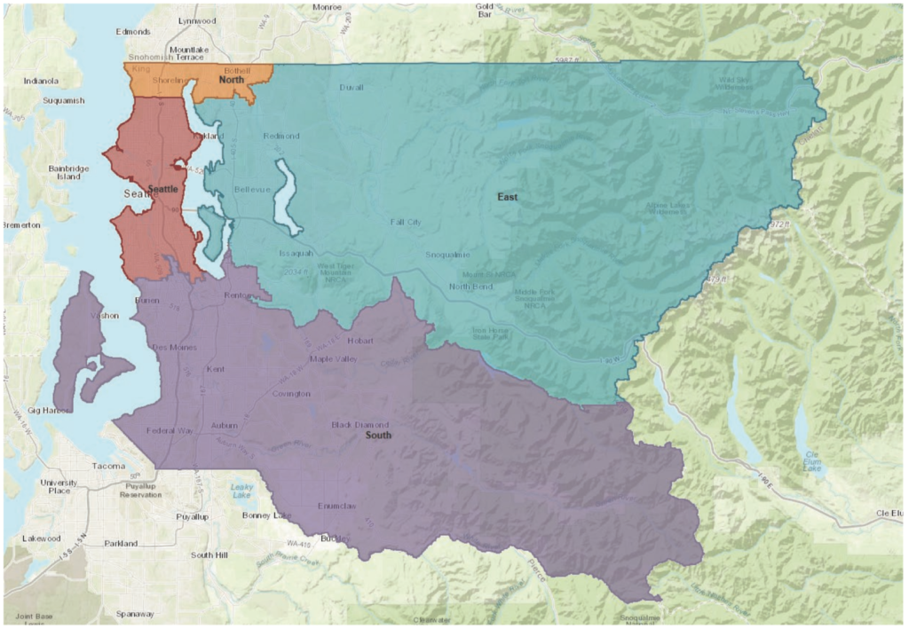 Map shows the four regions of King County Washington: Seattle, North, East, and South.