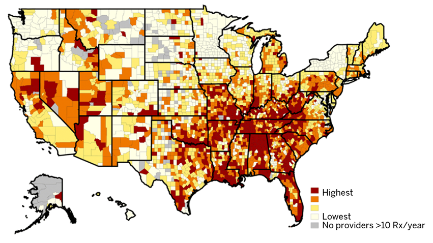 U.S. map showing where sedatives are being prescribed.