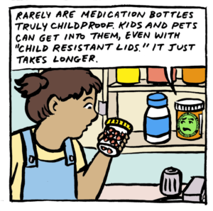 Cartoon of child looking into a medicine chest