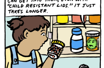 Cartoon of child looking into a medicine chest