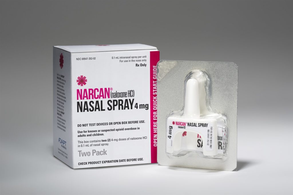 Box and dispenser of opioid overdose drug Narcan (naloxone)