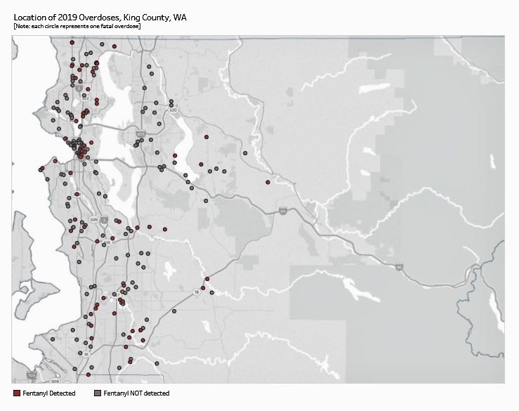 Map showing location of drug overdoses in King County in 2019