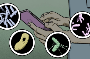 Illustration of a smartphone surrounded by images of bacteria and viruses