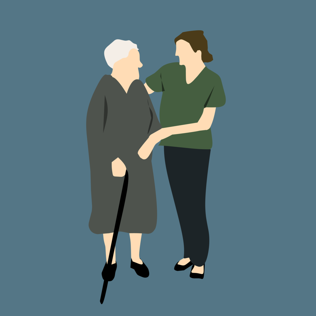 Illustration of a nurse helping an older woman with a cane.
