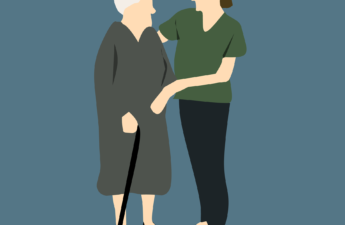 Illustration of a nurse helping an older woman with a cane.