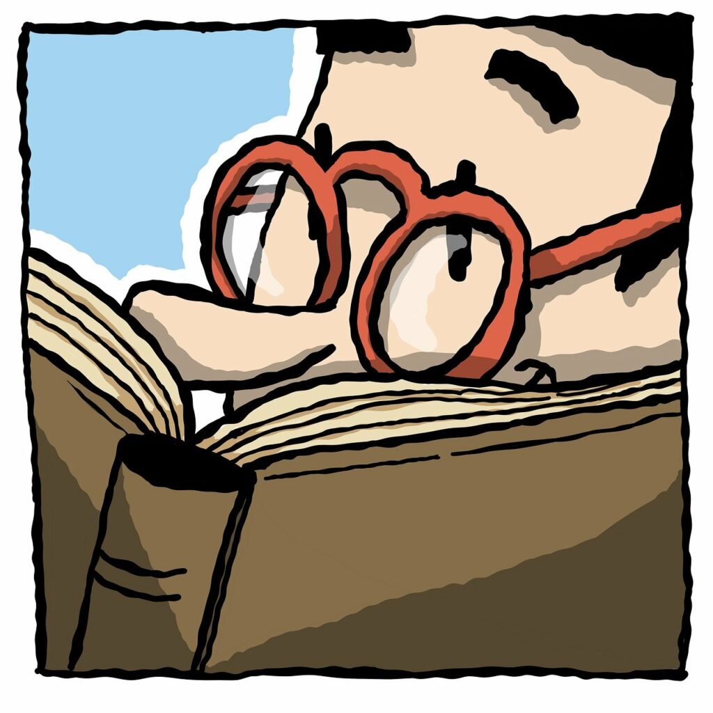 A cartoon of a man wearing eyeglasses reading a book that is held close to his face. Keywords eye vision reading books eyeglasses