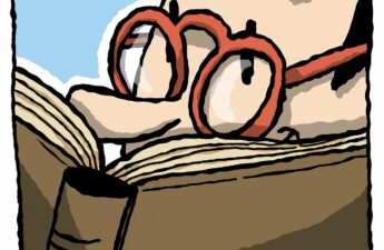 A cartoon of a man wearing eyeglasses reading a book that is held close to his face.