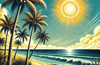 Illustration of a Florida beach with palm trees and a burning sun.