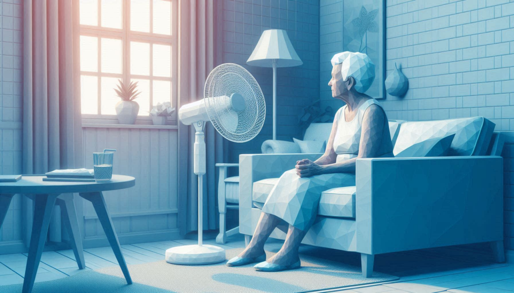 Illustration of an elderly woman sitting in front of a fan in a living room on a hot day.