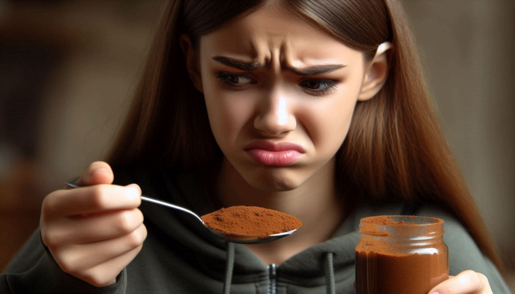 AI-generated image of a teenage girl holding a spoonful of cinnamon in front of her face with a look of disgusts.