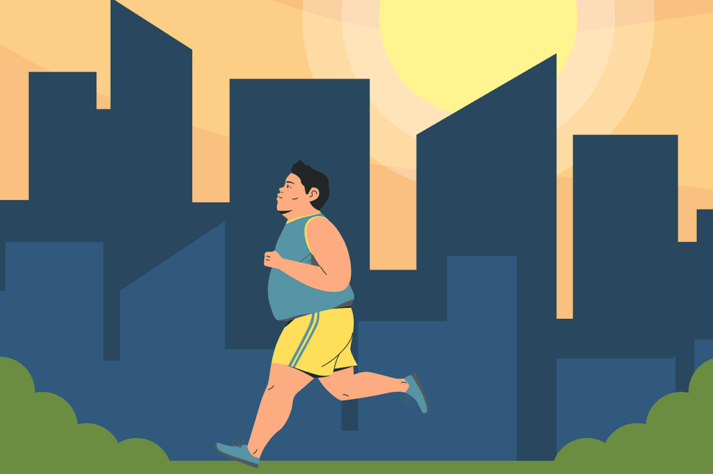 Illustration of a heavy-set man jogging in a city park.