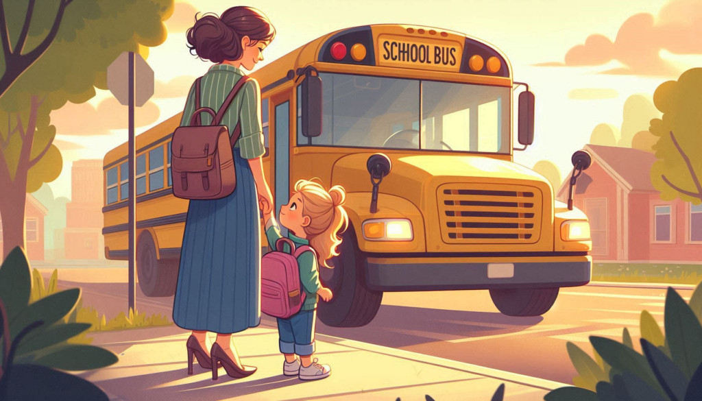 illustration of a child and her mother waiting to board a school bus