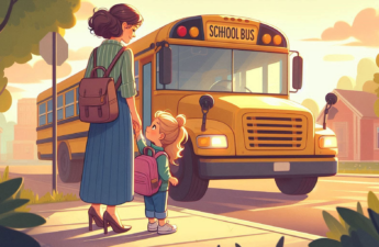 illustration of a child and her mother waiting to board a school bus