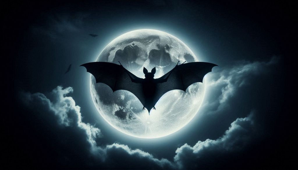 Illustration of a bat silhouetted against the moon.