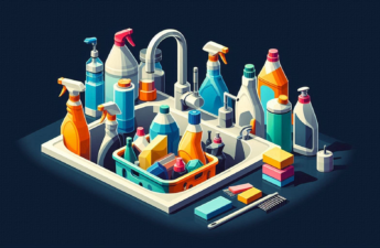 Illustration of a collection of household cleaning products found in the home.