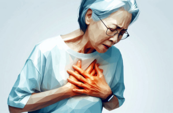 An illustration of an older Asian woman clutching chest and grimacing as though she is having a heart attack.