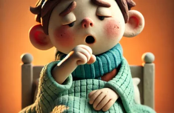 Claymation-style illustration of a young boy sitting at a table with a bad cough.