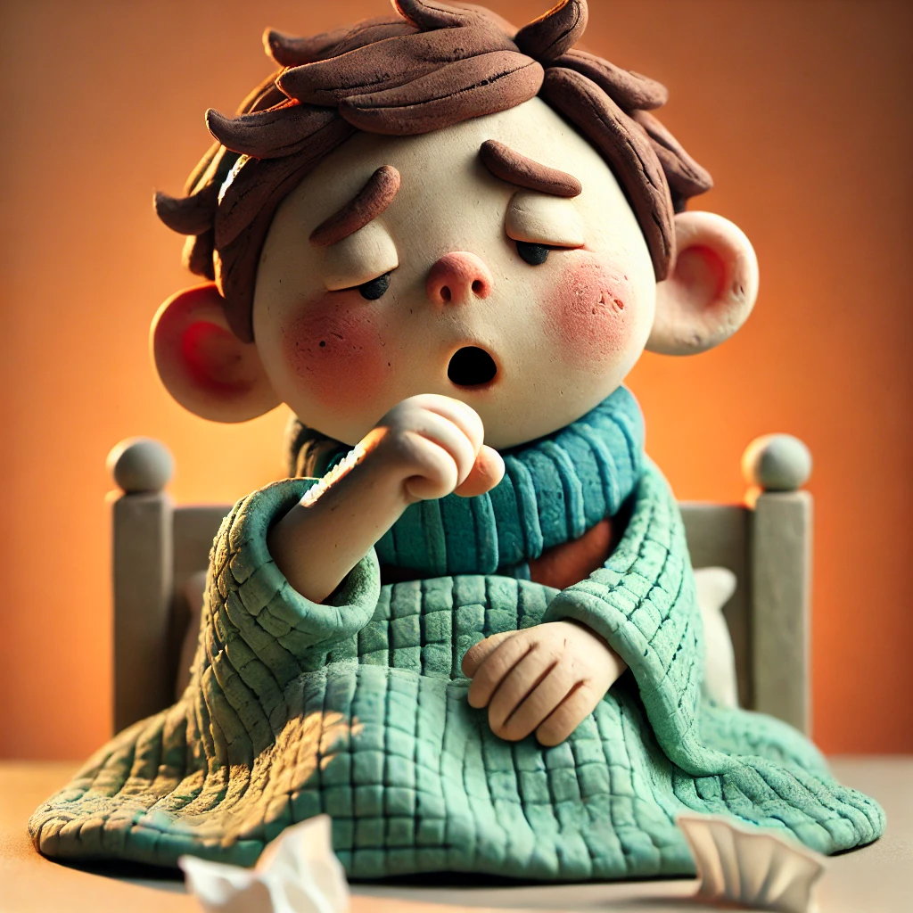 Claymation-style illustration of a young boy sitting at a table with a bad cough.