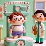 A-claymation-style-illustration-of-a-chubby-child-standing-on-a-scale-at-a-doctors-office.-The-child-has-a-cheerful-slightly-shy-expression;