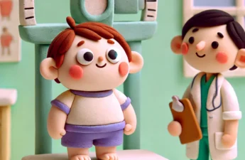 A-claymation-style-illustration-of-a-chubby-child-standing-on-a-scale-at-a-doctors-office.-The-child-has-a-cheerful-slightly-shy-expression;