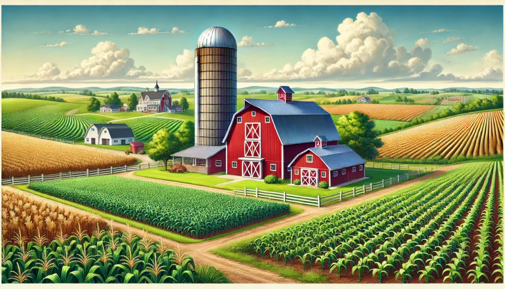 Here is an illustration of a farm featuring a barn, a silo, and surrounding cropland in a peaceful rural landscape.