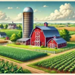 Here is an illustration of a farm featuring a barn, a silo, and surrounding cropland in a peaceful rural landscape.