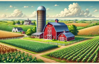 Here is an illustration of a farm featuring a barn, a silo, and surrounding cropland in a peaceful rural landscape.