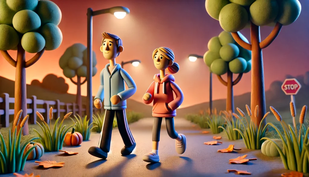 The claymation-style illustration of a middle-aged man and woman taking a brisk walk in the evening along a tree-lined path has been created. The couple appears active and relaxed in the serene evening setting. The soft glow of streetlamps enhances the autumnal ambiance.