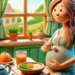 A-claymation-style-illustration-of-a-young-pregnant-woman-sitting-at-a-cozy-kitchen-table-enjoying-a-healthy-breakfast.-The-kitchen-is-warmly-lit.