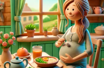 A-claymation-style-illustration-of-a-young-pregnant-woman-sitting-at-a-cozy-kitchen-table-enjoying-a-healthy-breakfast.-The-kitchen-is-warmly-lit.