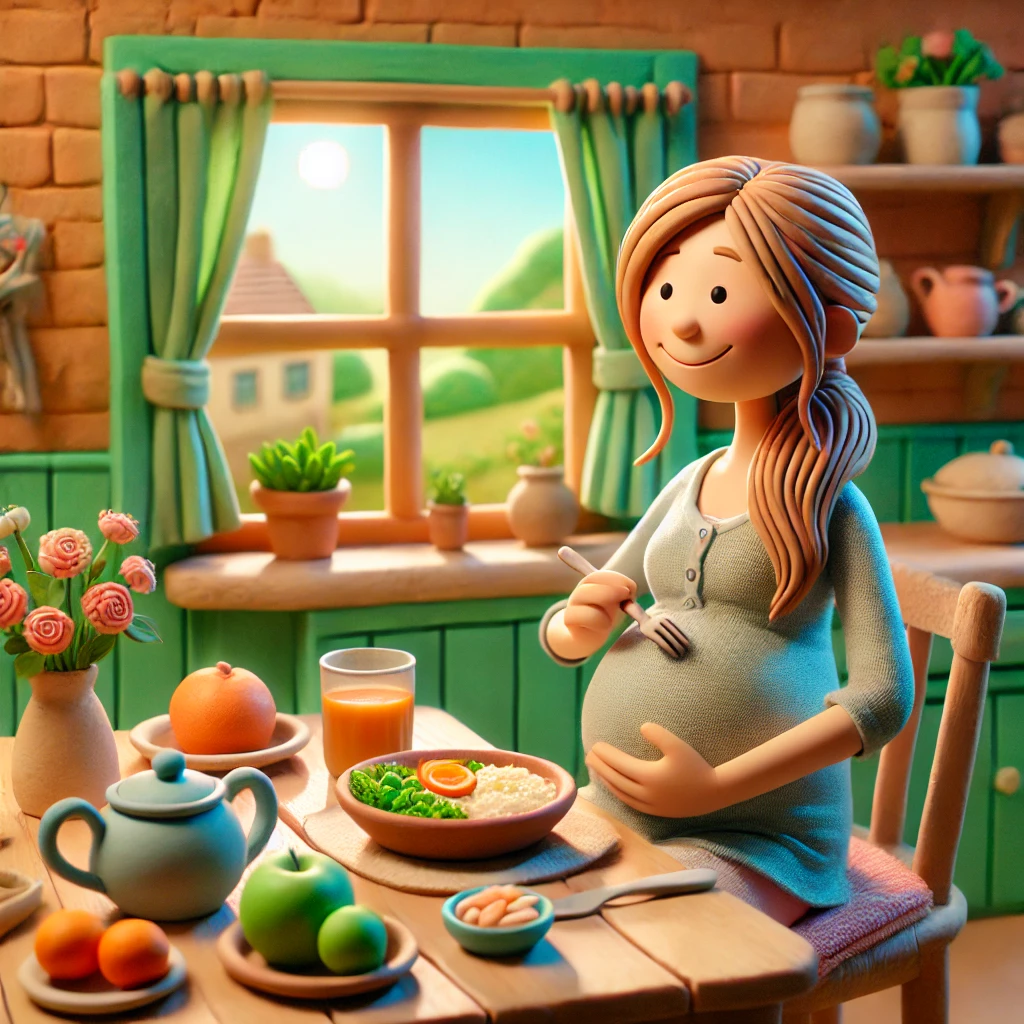 The claymation-style illustration of a young pregnant woman eating breakfast at a kitchen table is complete.