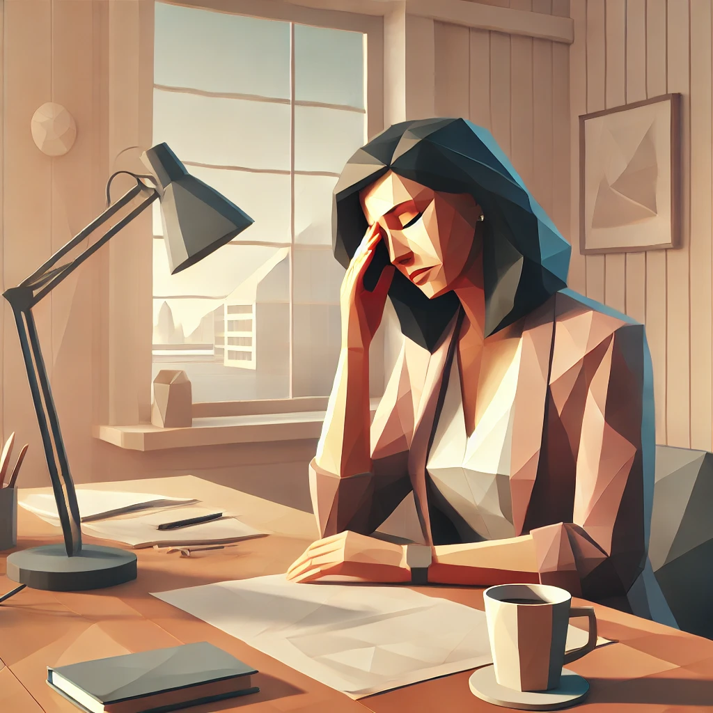 Image of a woman sitting at a desk looking fatigued with her hand on her forehead.