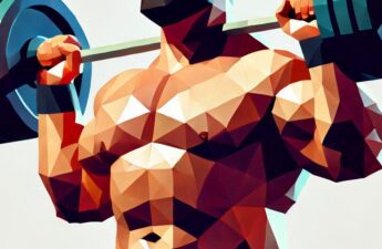 A low-poly illustration of large, muscled, heavy-set man lifting a barbell.