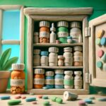 A claymation-style illustration of a medicine cabinet filled with pill bottles.