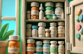 A claymation-style illustration of a medicine cabinet filled with pill bottles.