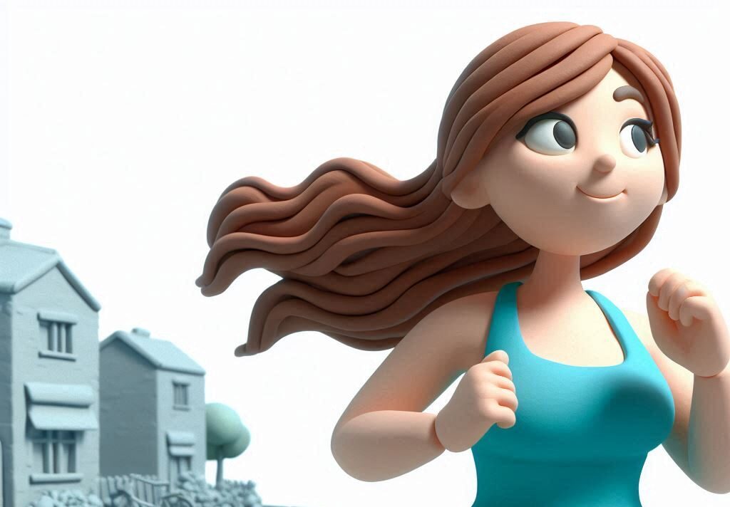 Claymation style illustration of a slightly heavy set young woman jogging