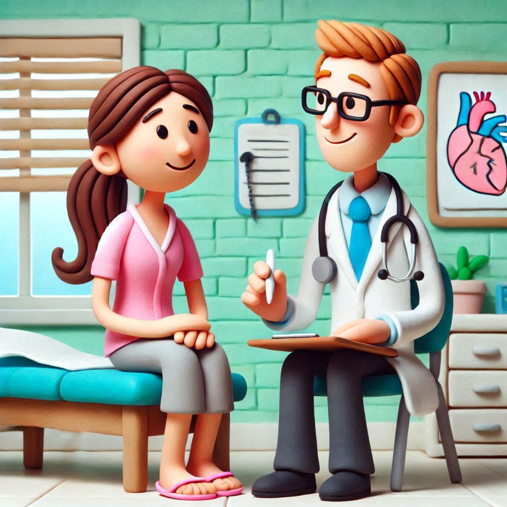 Illustration of a woman talking with her doctor during an office visit.