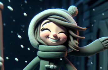 claymation style illustration of a young woman bundled up on a dark winter day taking a brisk walk, cheerful