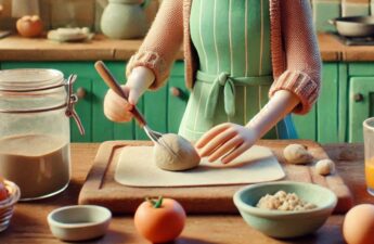 An illustration of a young woman preparing a meal at a kitchen table.