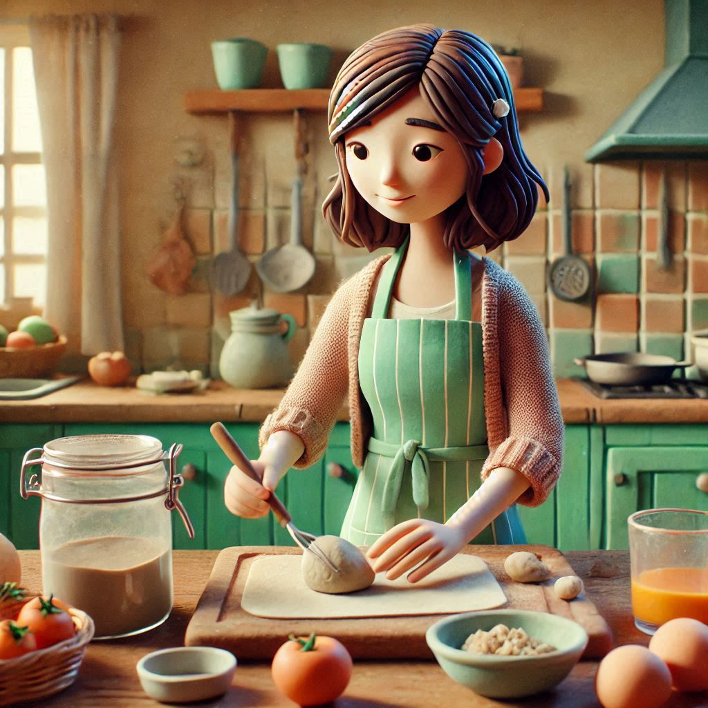 An illustration of a young woman preparing a meal at a kitchen table.