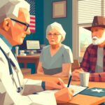 Illustration of a white-haired older doctor sitting across the desk from an older couple in the doctor's office.