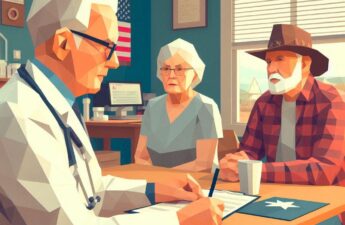 Illustration of a white-haired older doctor sitting across the desk from an older couple in the doctor's office.