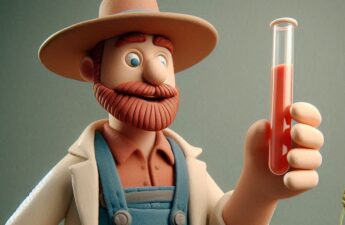 An illustration of a bearded man dressed in farmer overalls holding a test tube.